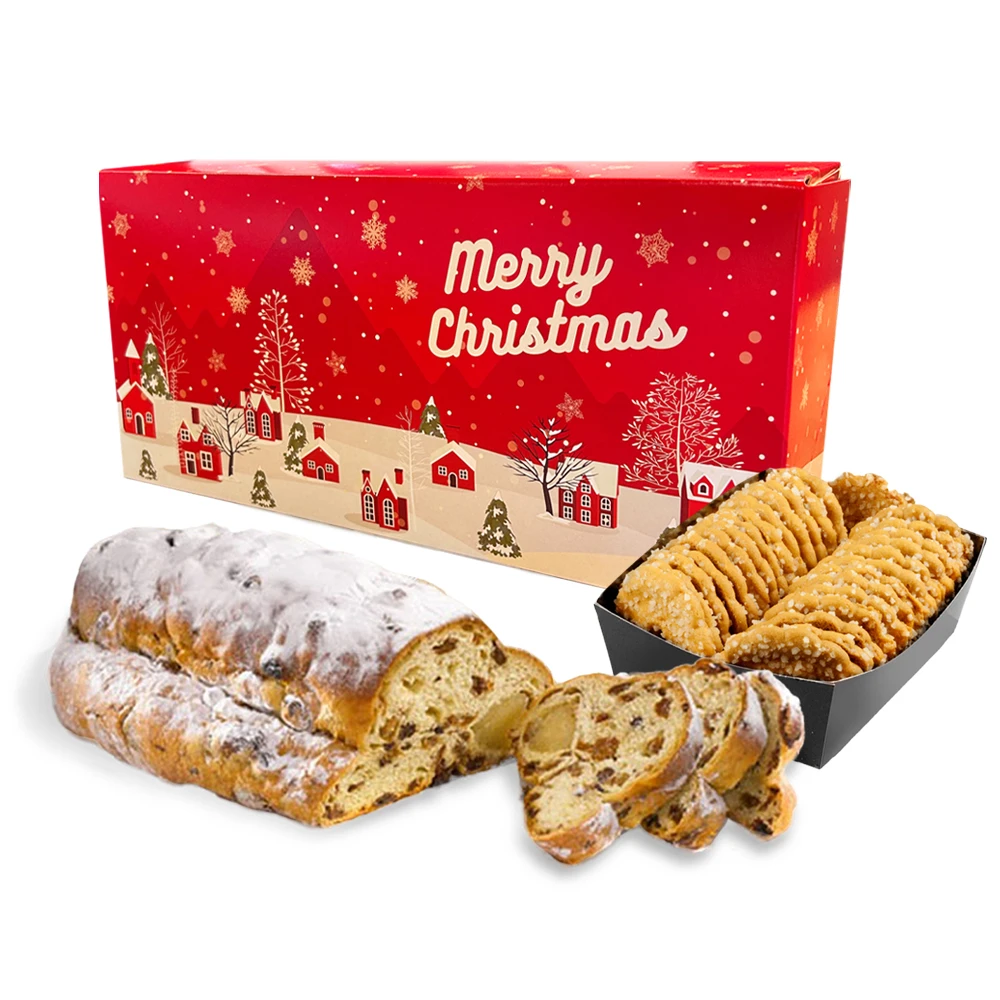 Geschenkdoos met kerststol (500 gram) en kerstkransjes met suiker