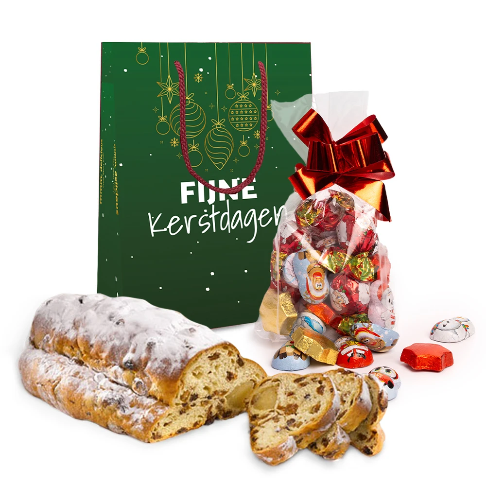 Kersttas met kerststol (500 gram) en chocolade kerstmix (250 gram)