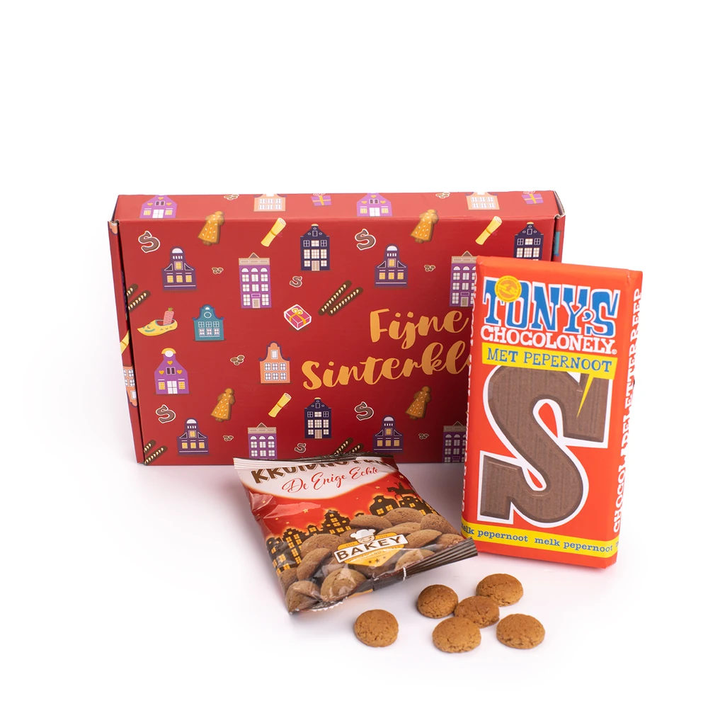 Brievenbuspakket met Tony's Chocolonely letter (melk met pepernoot) en Bakey kruidnootjes