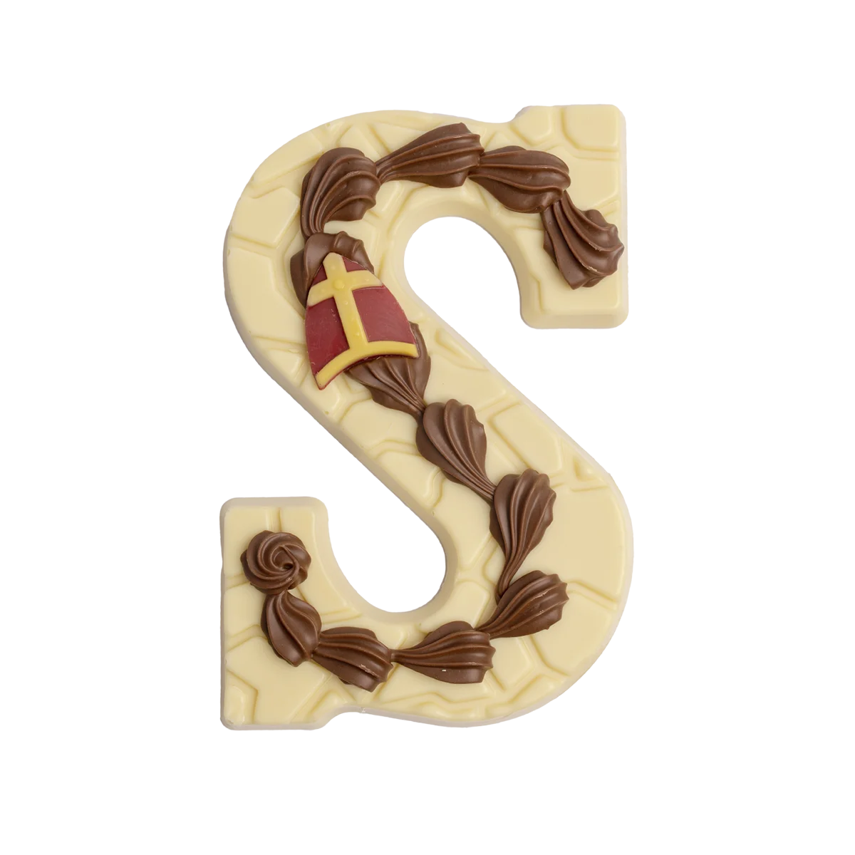 Chocoladeletter gedecoreerd S, wit (200 gram)