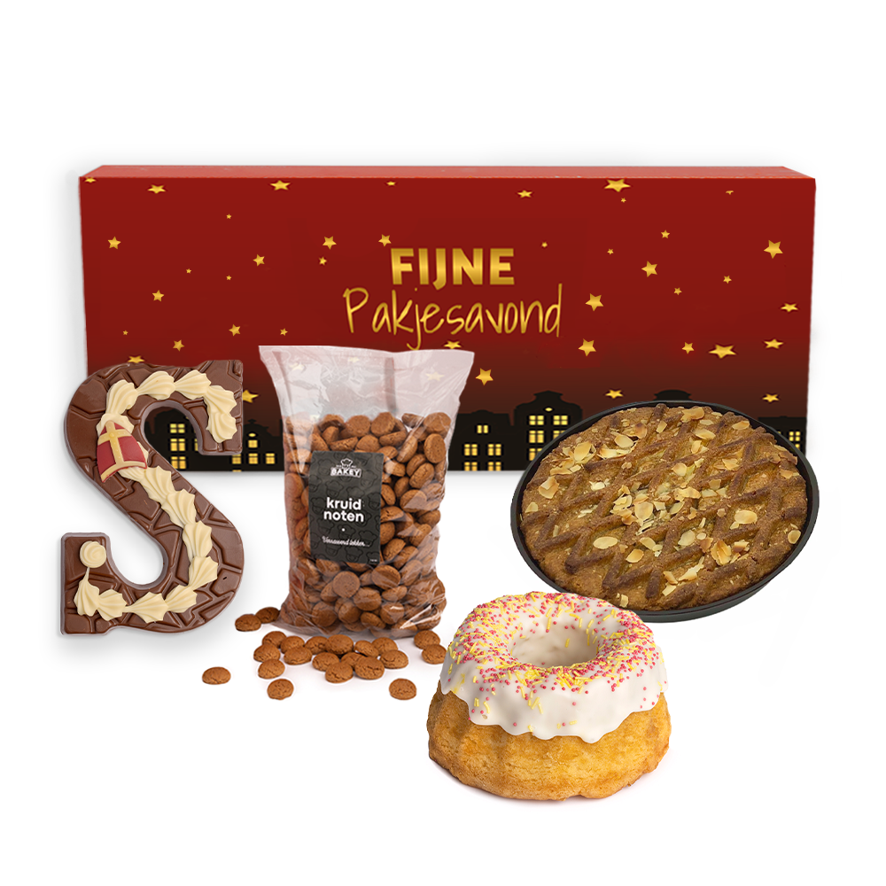 Geschenkdoos met Bakey kruidnoten (200 gram), tulband, speculaastaart en chocoladeletter gedecoreerd (200 gram)