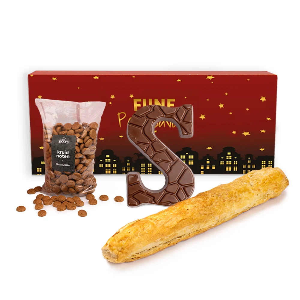 Geschenkdoos met Bakey kruidnoten (200 gram), banketstaaf (250 gram) en chocoladeletter (135 gram)