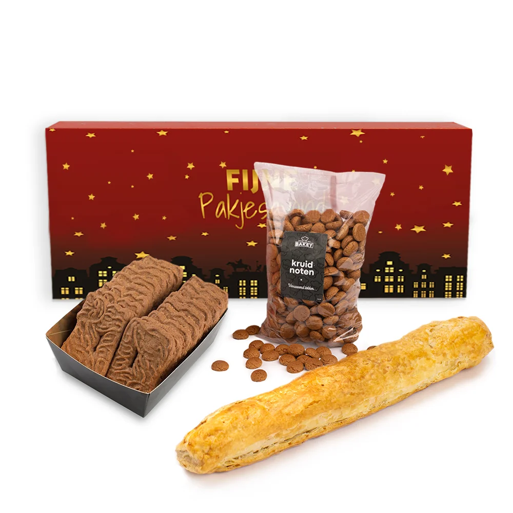 Geschenkdoos met Bakey kruidnoten (200 gram), banketstaaf (250 gram) en speculaasjes (28 stuks)