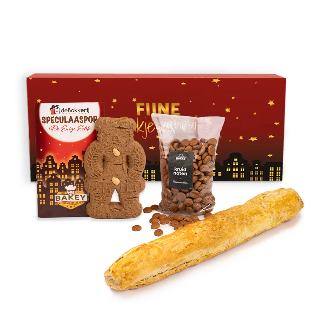 Geschenkdoos met Bakey kruidnoten (200 gram), banketstaaf (250 gram) en speculaaspop