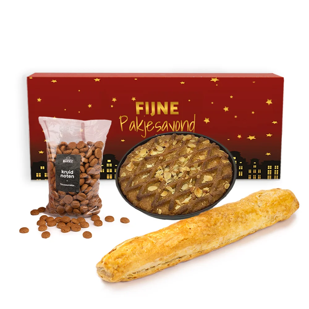 Geschenkdoos met Bakey kruidnoten (200 gram), banketstaaf (250 gram) en speculaastaart