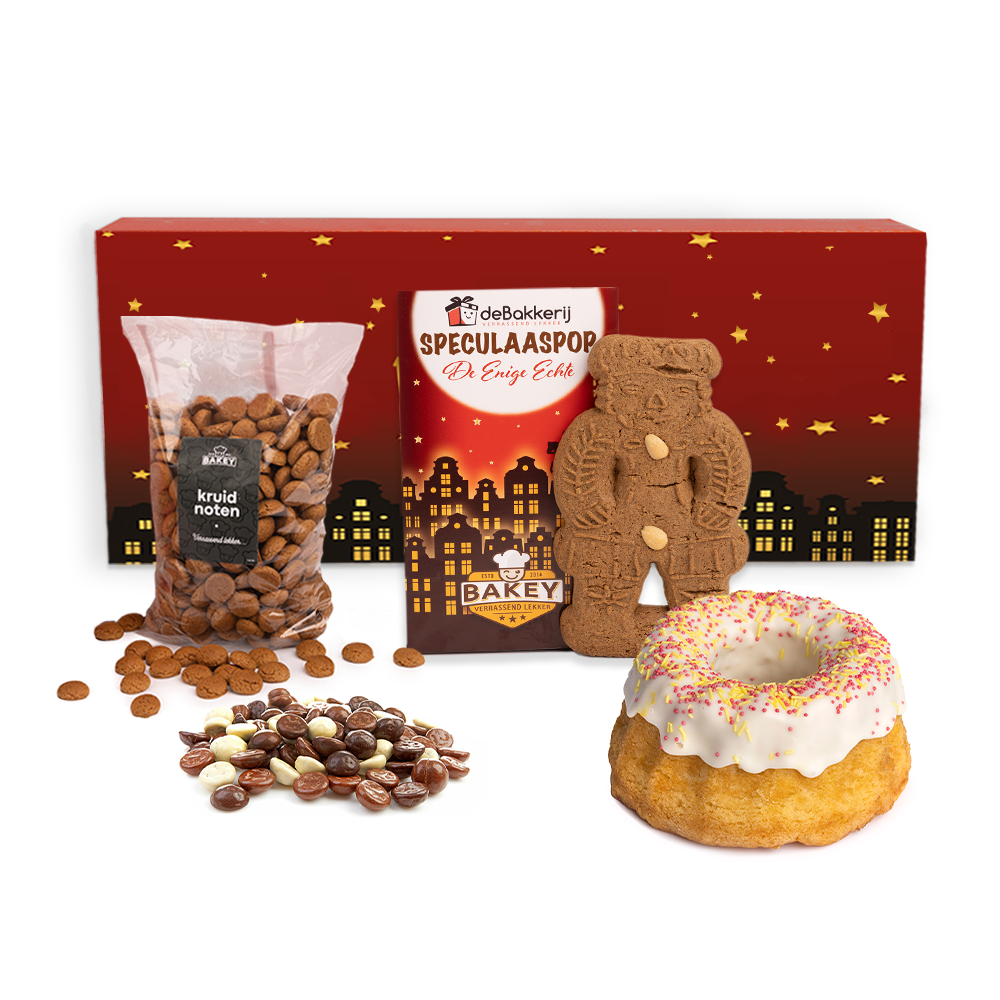 Geschenkdoos met Bakey kruidnoten (200 gram), tulband, chocolade kruidnoten (250 gram) en speculaaspop