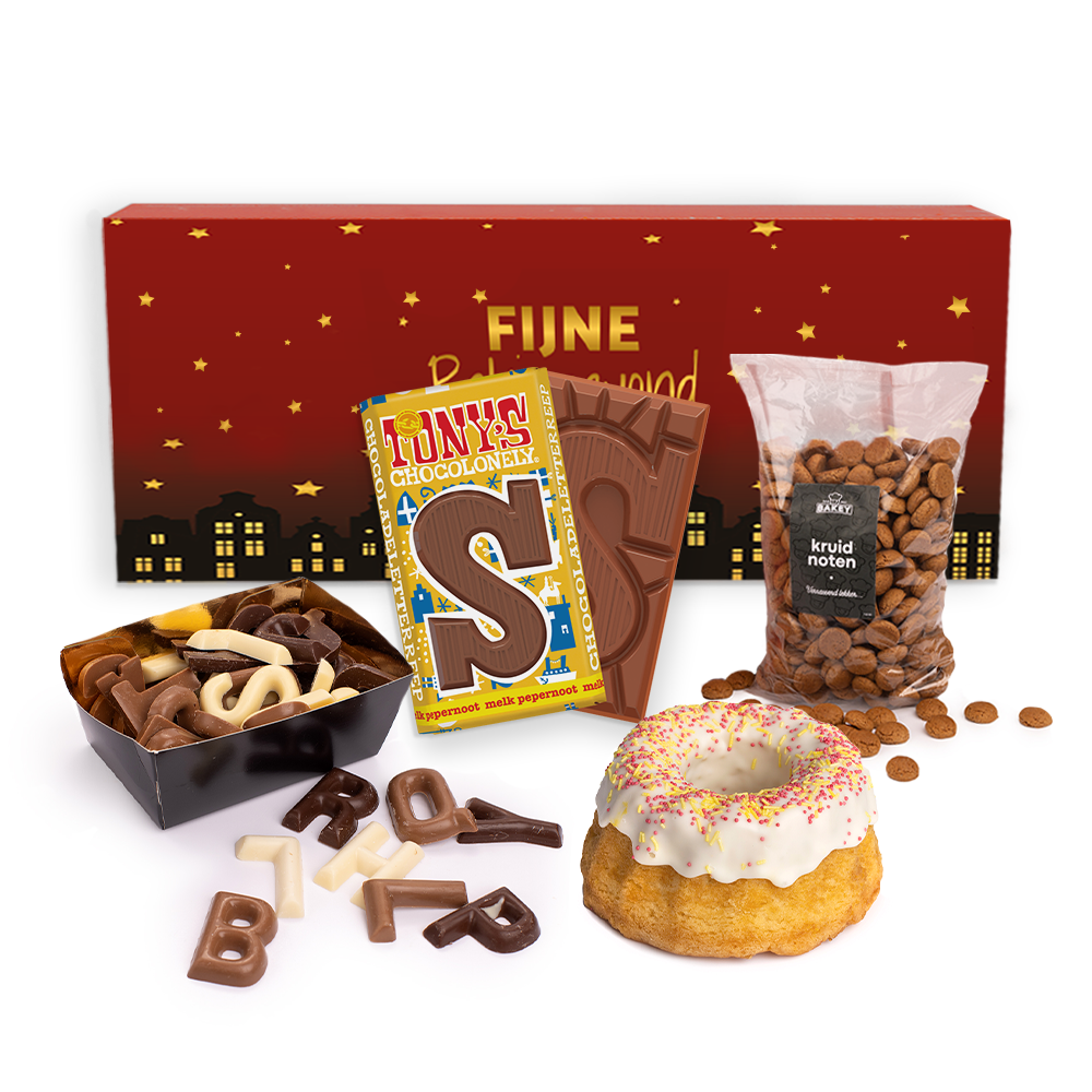 Geschenkdoos met Bakey kruidnoten (200 gram), tulband, strooiletters en Tony letter