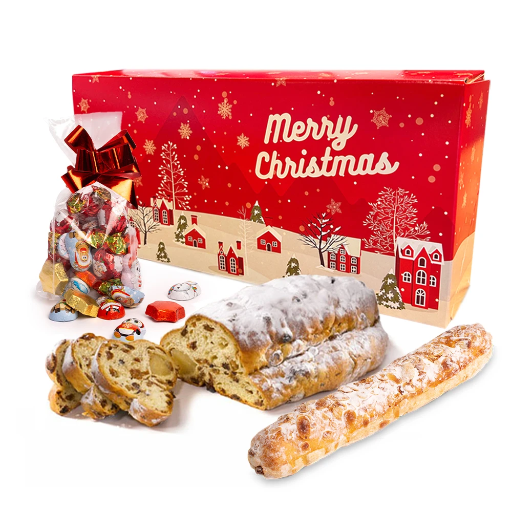 Geschenkdoos met kerststol (500 gram), banketstaaf en chocolade kerstmix (250 gram)