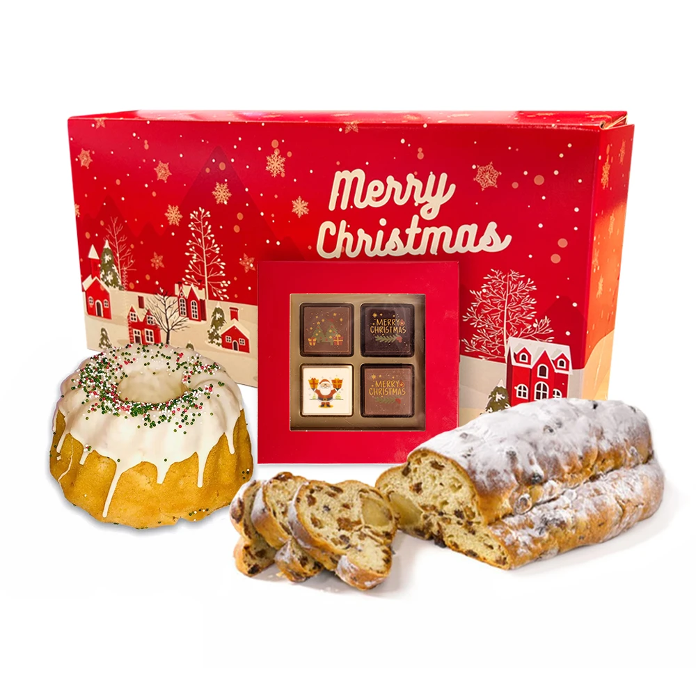 Geschenkdoos met kerststol (500 gram), tulband en kerst pralines (4stuks)