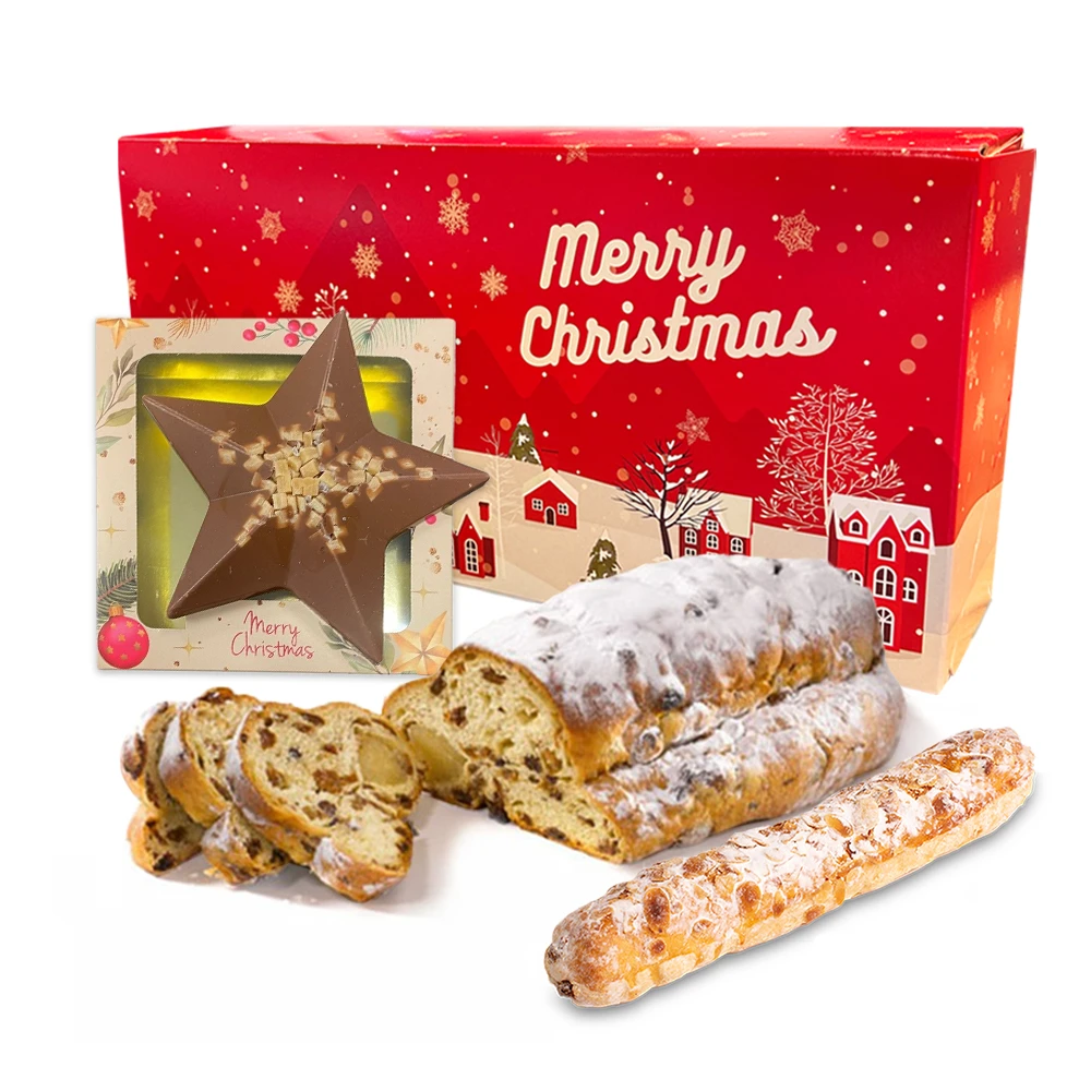 Geschenkdoos met kerststol (500 gram), banketstaaf en chocolade kerstster karamel zeezout