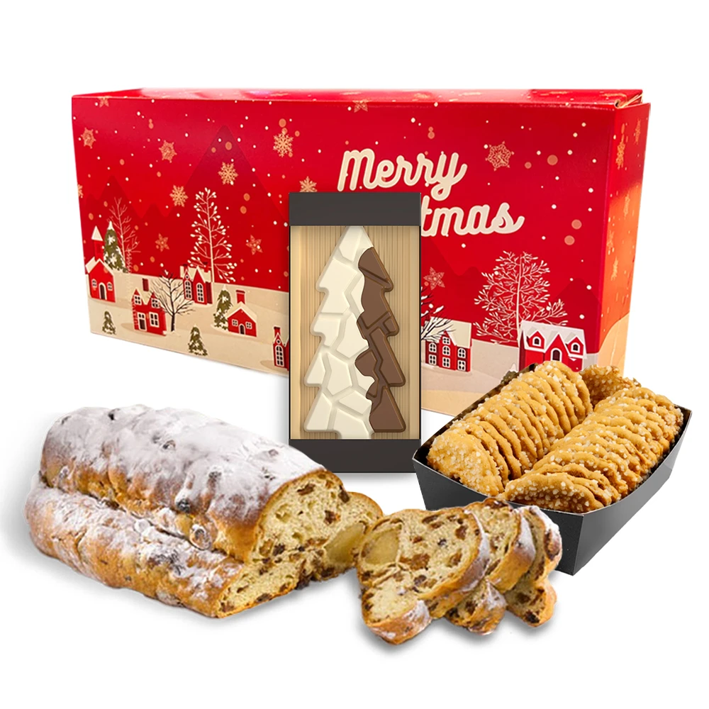 Geschenkdoos met kerststol (500 gram), kerstkransjes met suiker en duo boom