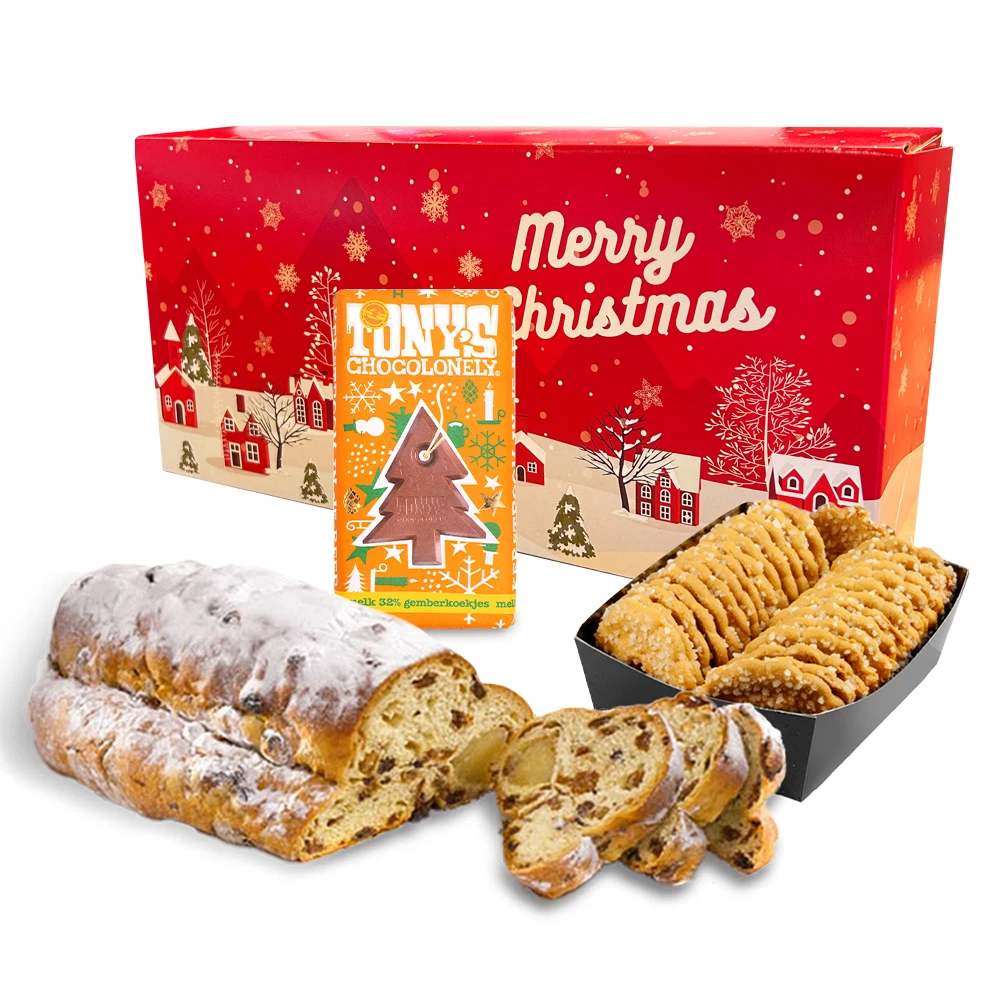 Geschenkdoos met kerststol (500 gram), kerstkransjes met suiker en Tony’s Chocolonely kerstreep