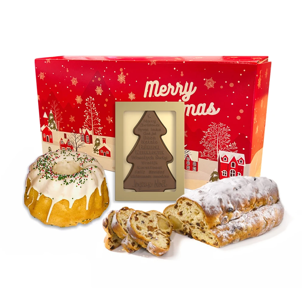 Geschenkdoos met kerststol (500 gram), tulband en chocolade wensboom