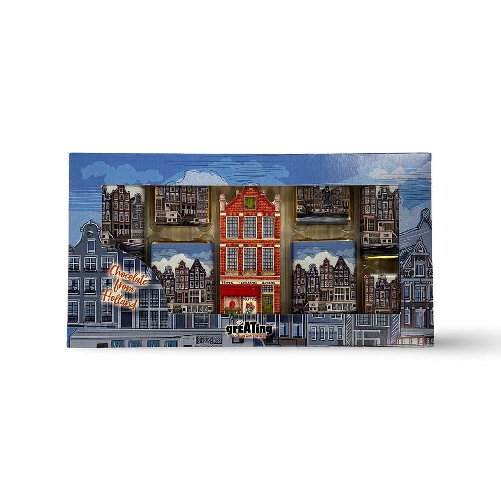 Hollandse gevelhuisjes, chocolade en magneet (156 gram)