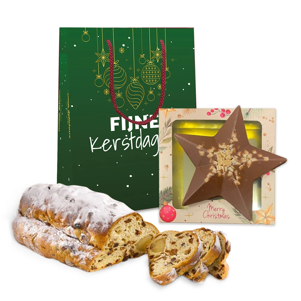 Kersttas met kerststol (500 gram) en chocolade kerstster karamel zeezout