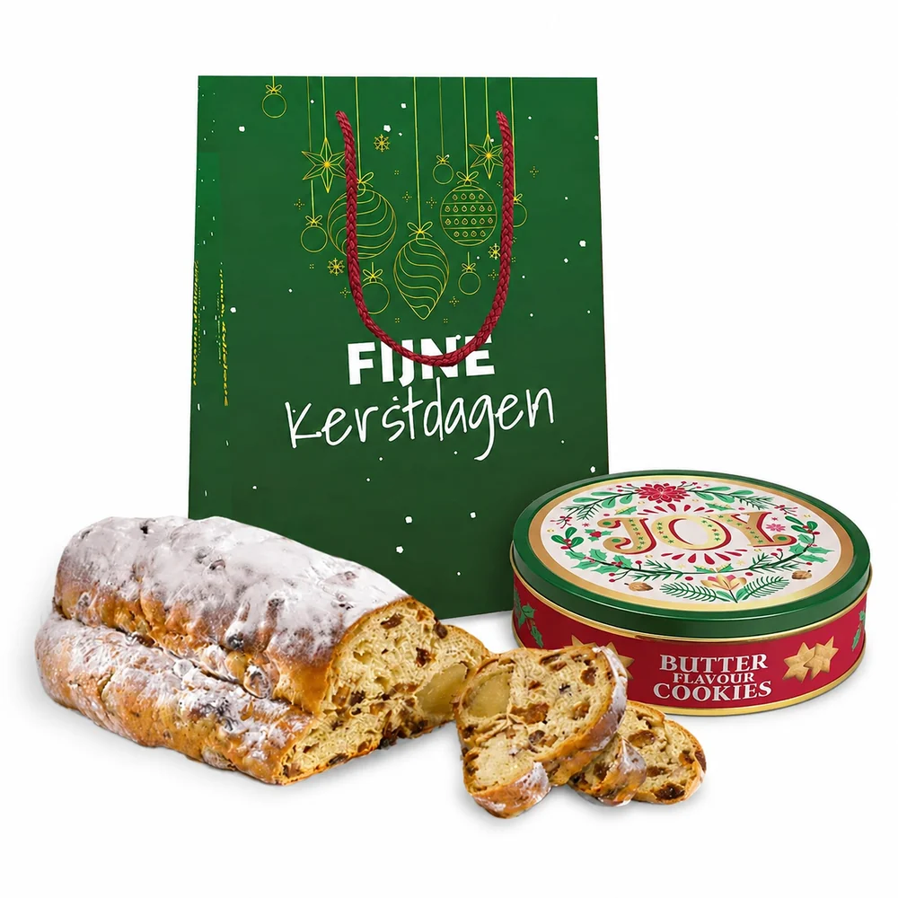 Kersttas met kerststol (500 gram) en kerst koekjes trommel (120 gram)
