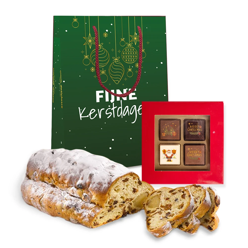 Kersttas met kerststol (500 gram) en Kerst pralines (4 stuks)