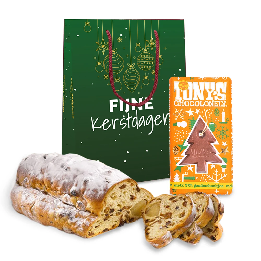 Kersttas met kerststol (500 gram) en Tony's Chocolonely kerstreep melk gemberkoekjes