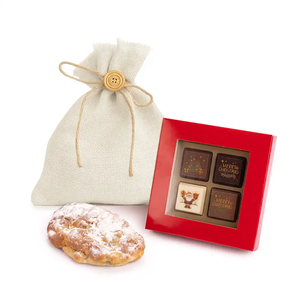 Kersttasje met pralines (4 stuks) en mini stol