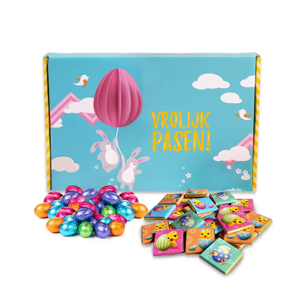 Paas brievenbusgeschenk met paaseitjes (100 gram) en Napolitains (20 stuks)