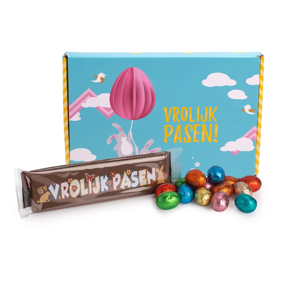 Paas brievenbusgeschenk met paaseitjes (100 gram) en paas chocoladereep