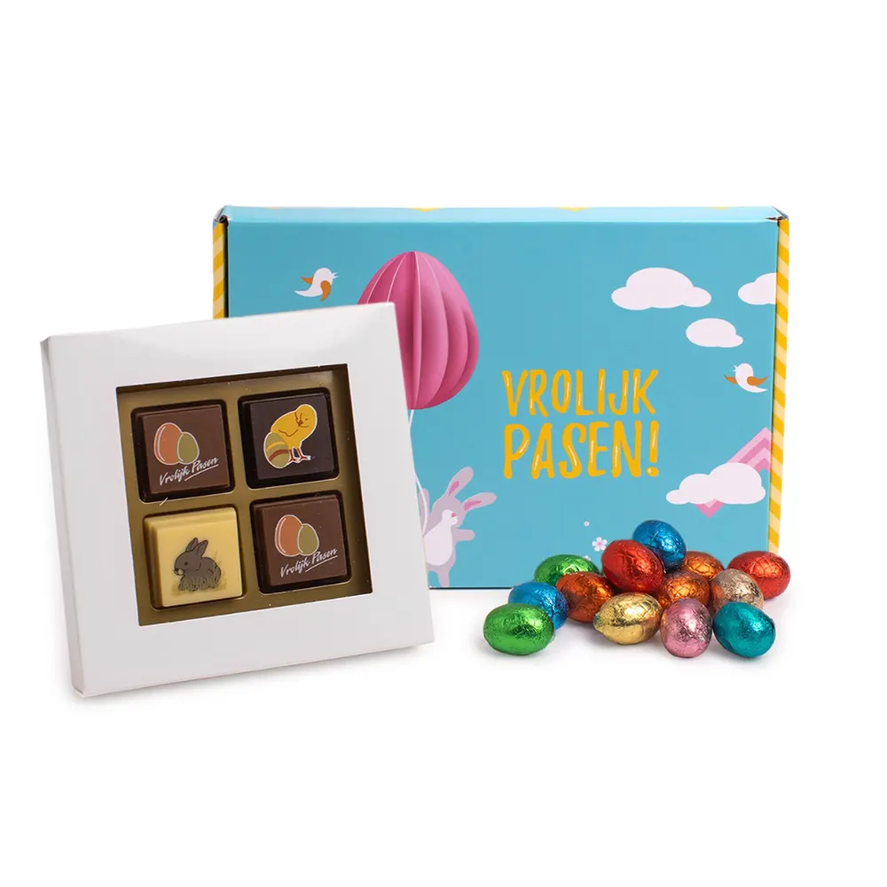 Paas brievenbusgeschenk met paaseitjes (100 gram) en paas pralines (4 stuks)