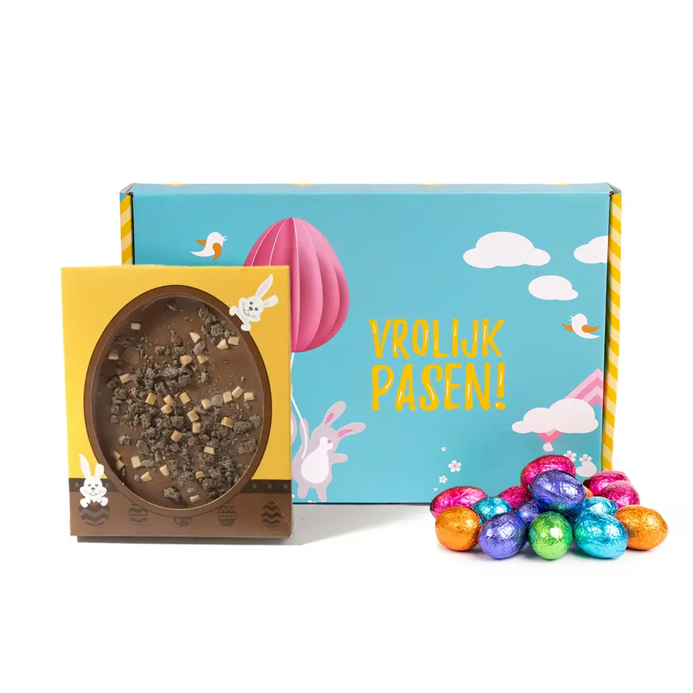Paas brievenbusgeschenk met paaseitjes (100 gram) en paasei tablet