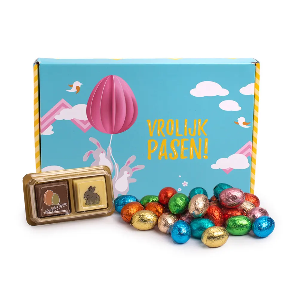 Paas brievenbusgeschenk met paaseitjes (200 gram) en paas pralines (2 stuks)