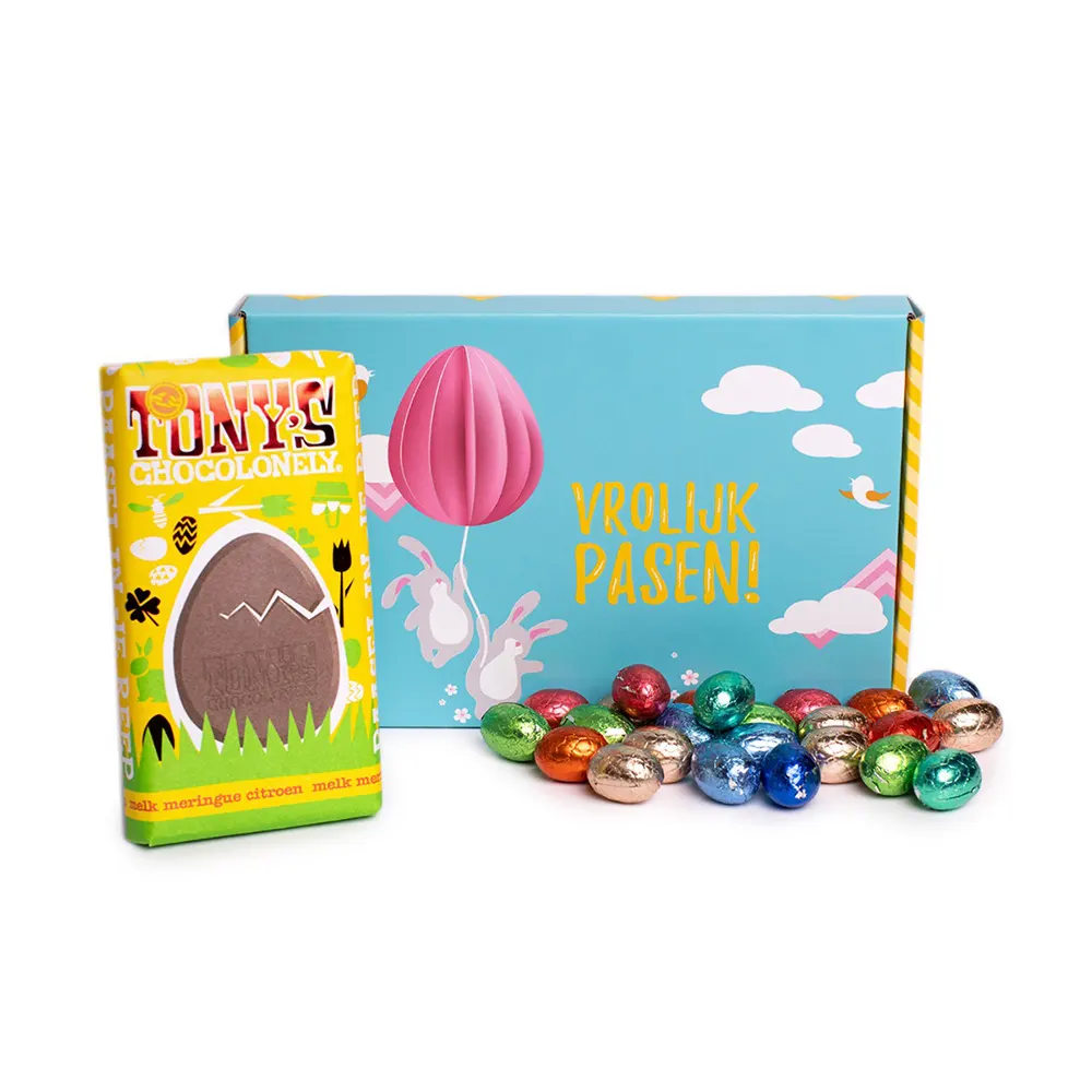Paasbrievenbusgeschenk met Tony's Chocolonely paasreep melk meringue citroen en paaseitjes (200 gram)