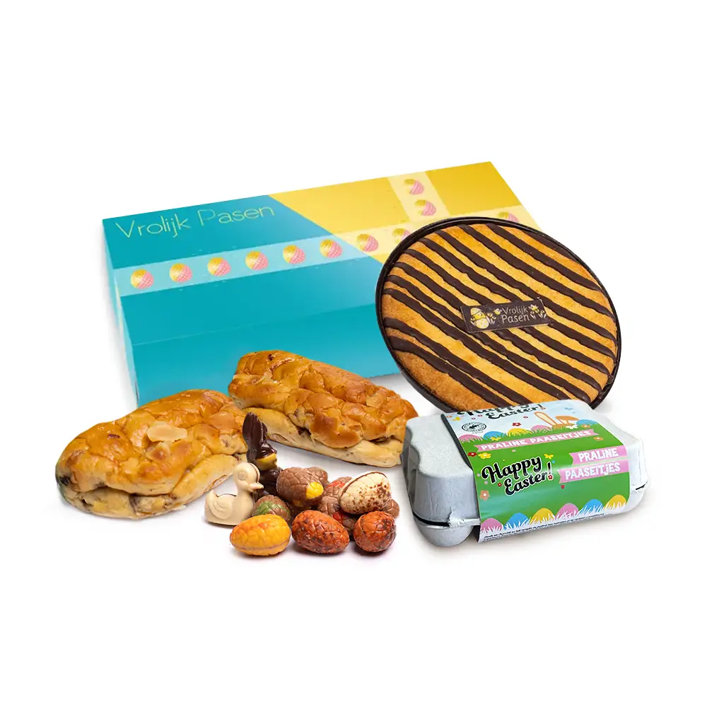 Paasdoos 2 mini stollen, paas eierdoosje (12st) paastaart (350 gram) en paas chocolade (175 gram)