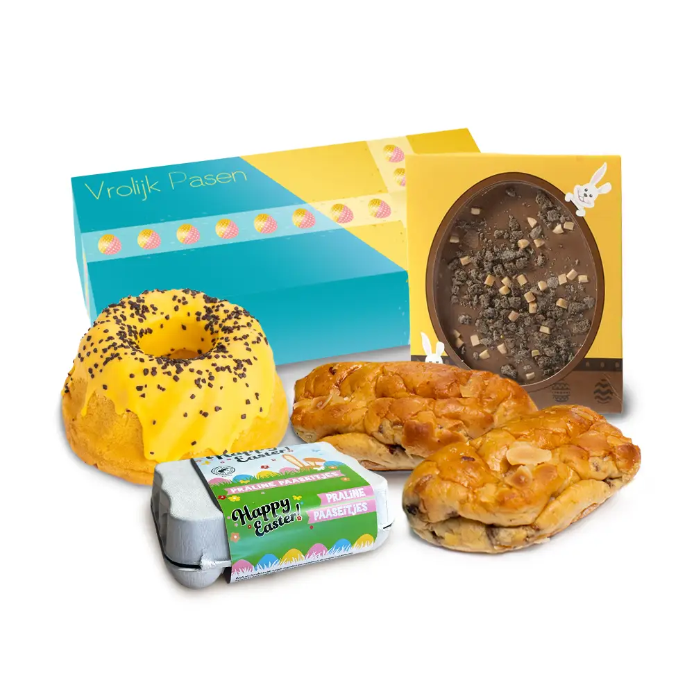 Paasdoos 2 mini stollen, paas eierdoosje (12st) tulband (350 gram) en paasei tablet (75 gram)