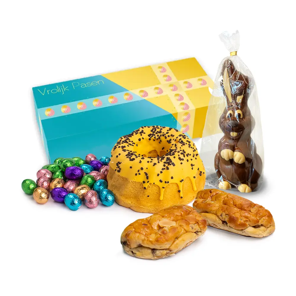 Paasdoos 2 mini stollen, paashaas (100 gram) tulband (350 gram) en paaseitjes (200 gram)