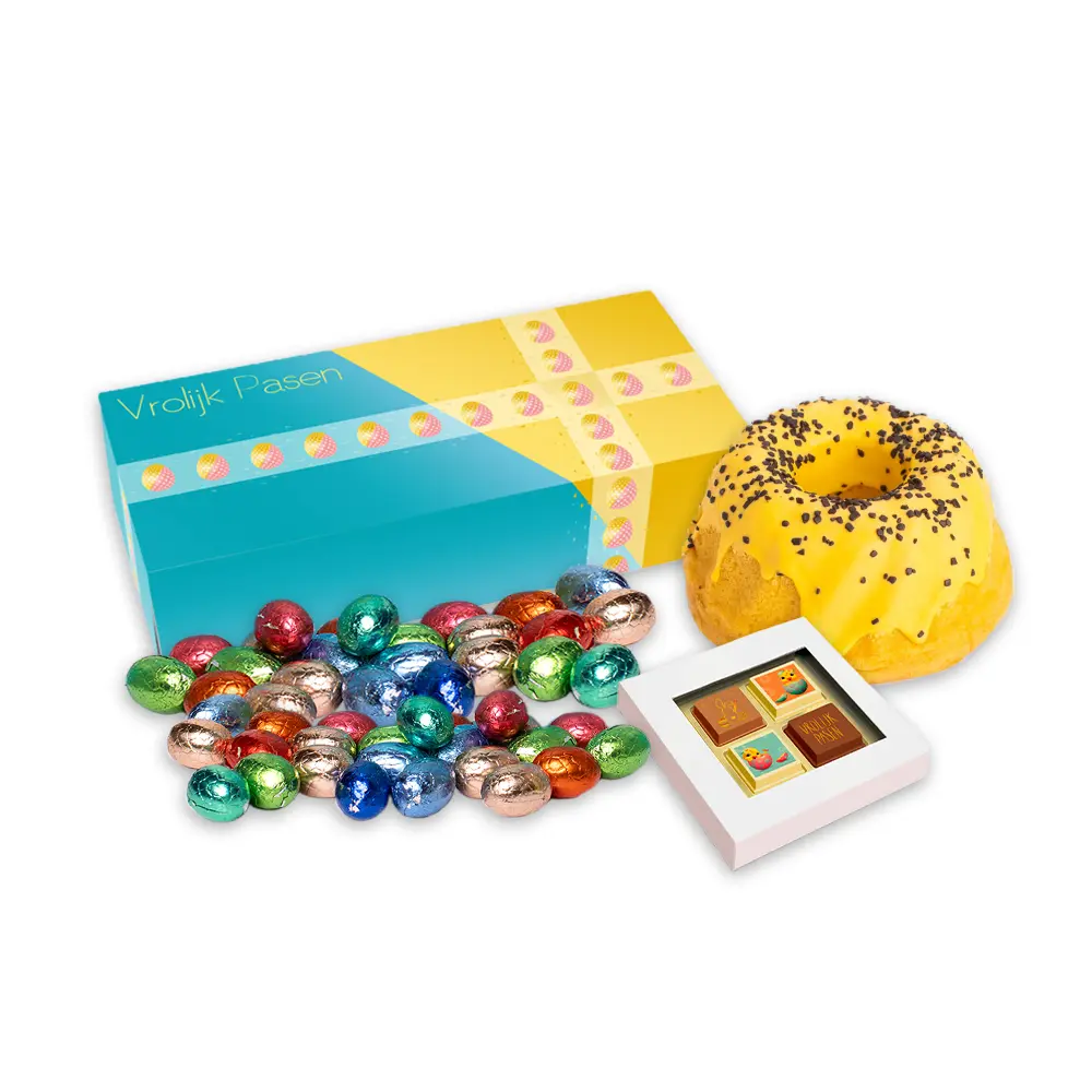 Paasdoos paastulband, paas pralines (4st) en paaseitjes (200 gram)