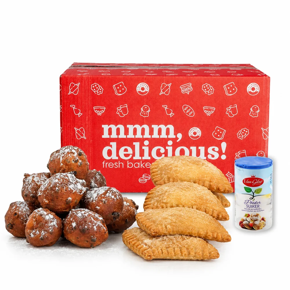 Oliebollen (10 stuks), appelbeignets (4 stuks) en bus poedersuiker (1 stuk)