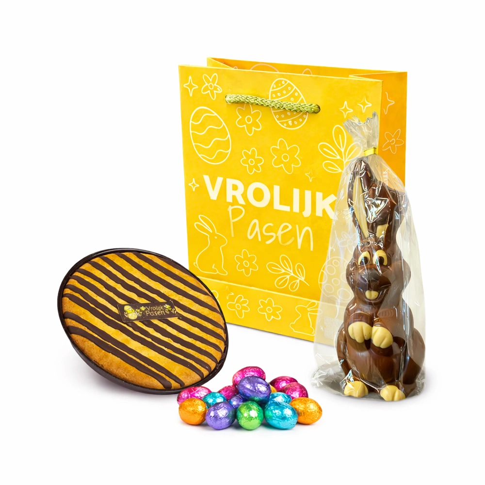 Paastas met paashaas (100 gram) paastaartje (350 gram) en paaseitjes (200 gram)
