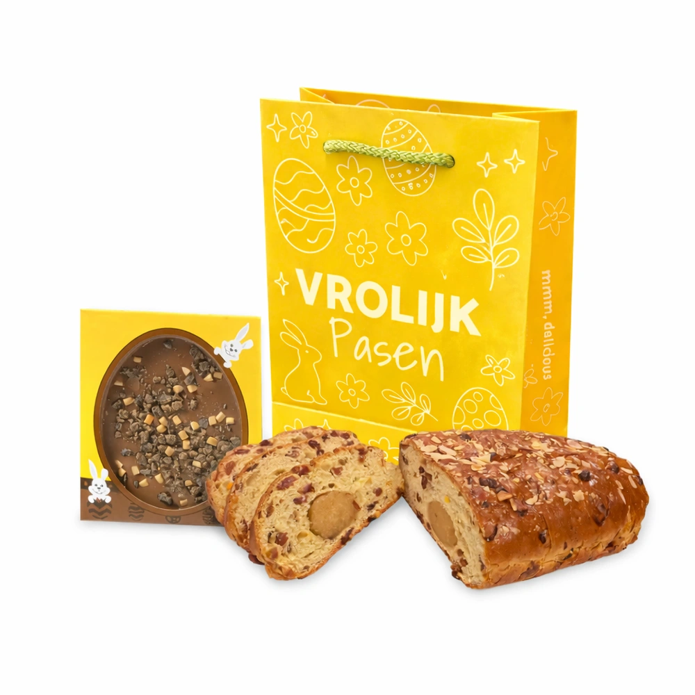 Paastas roomboter paasstol (500 gram) en paasei tablet met cookie fudge topping
