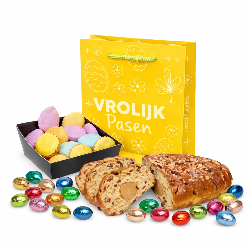 Paastas roomboter paasstol (500 gram) en paaskoekjes (200 gram) en paaseitjes (100 gram)