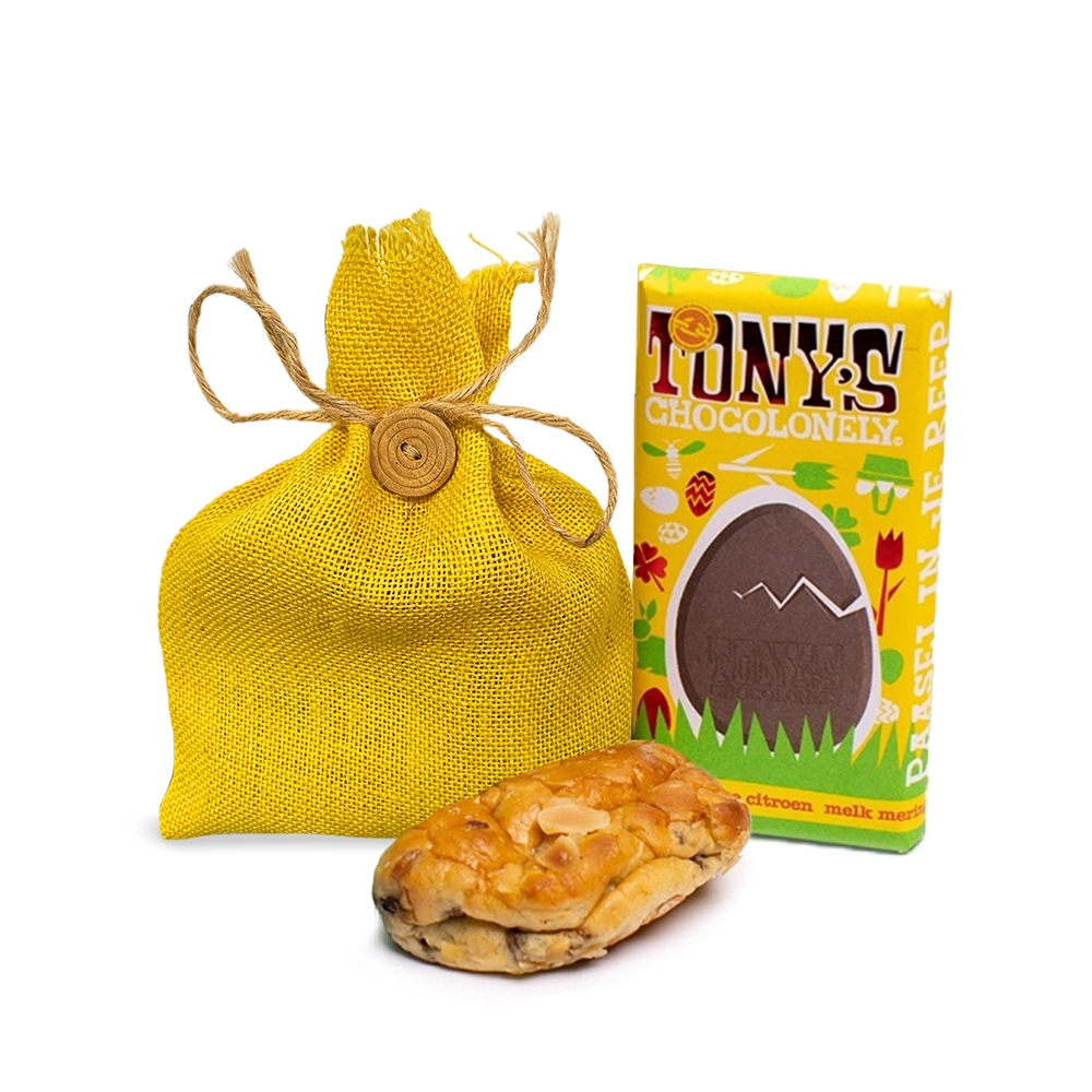Paaszakje met mini paasstol en Tony's Chocolonely paasreep melk meringue citroen