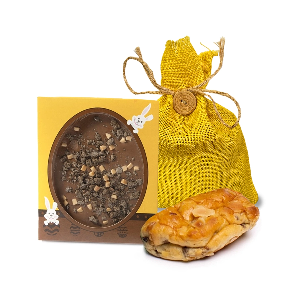 Paaszakje met mini paastol en paasei tablet met cookie en fudge topping