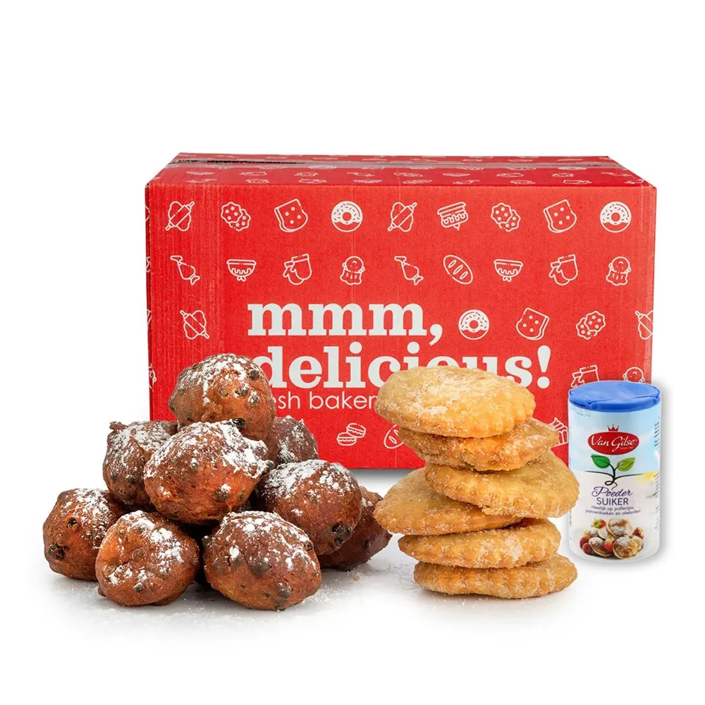 Oliebollen (40 stuks), appelbeignets (20 stuks) en bussen poedersuiker (2 stuks)