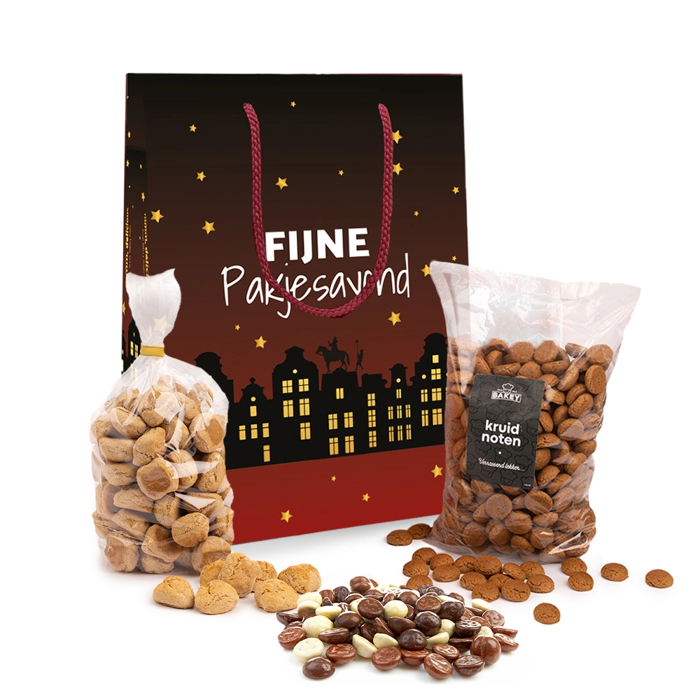 Sinttas met Bakey kruidnoten (200 gram), oud Hollandse pepernoten (250 gram) en chocolade kruidnoten (250 gram)