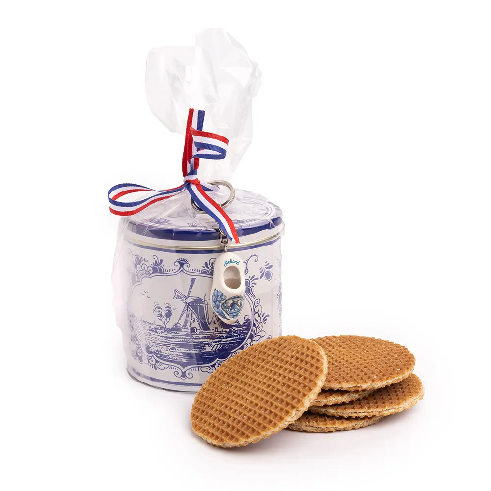 Stroopwafels in blik met klompjes en lint