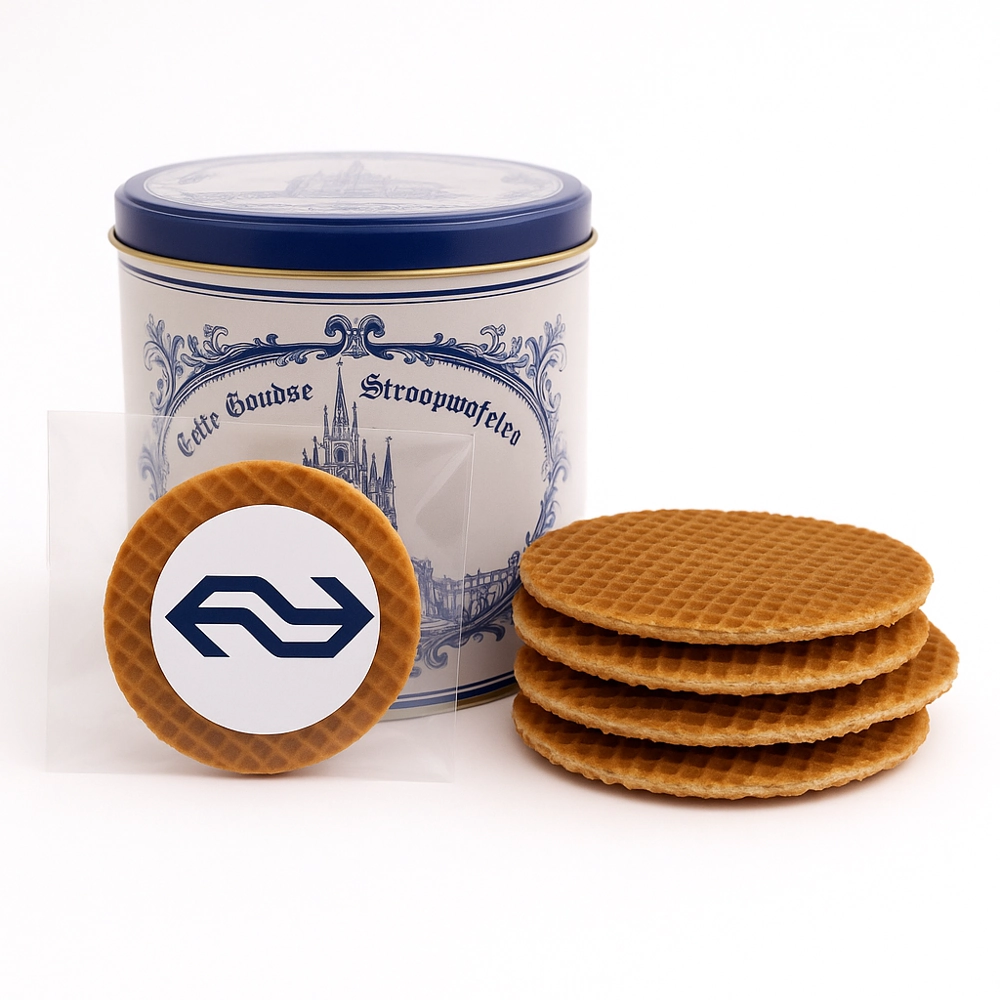 Stroopwafels per stuk verpakt met eigen logo, in blik