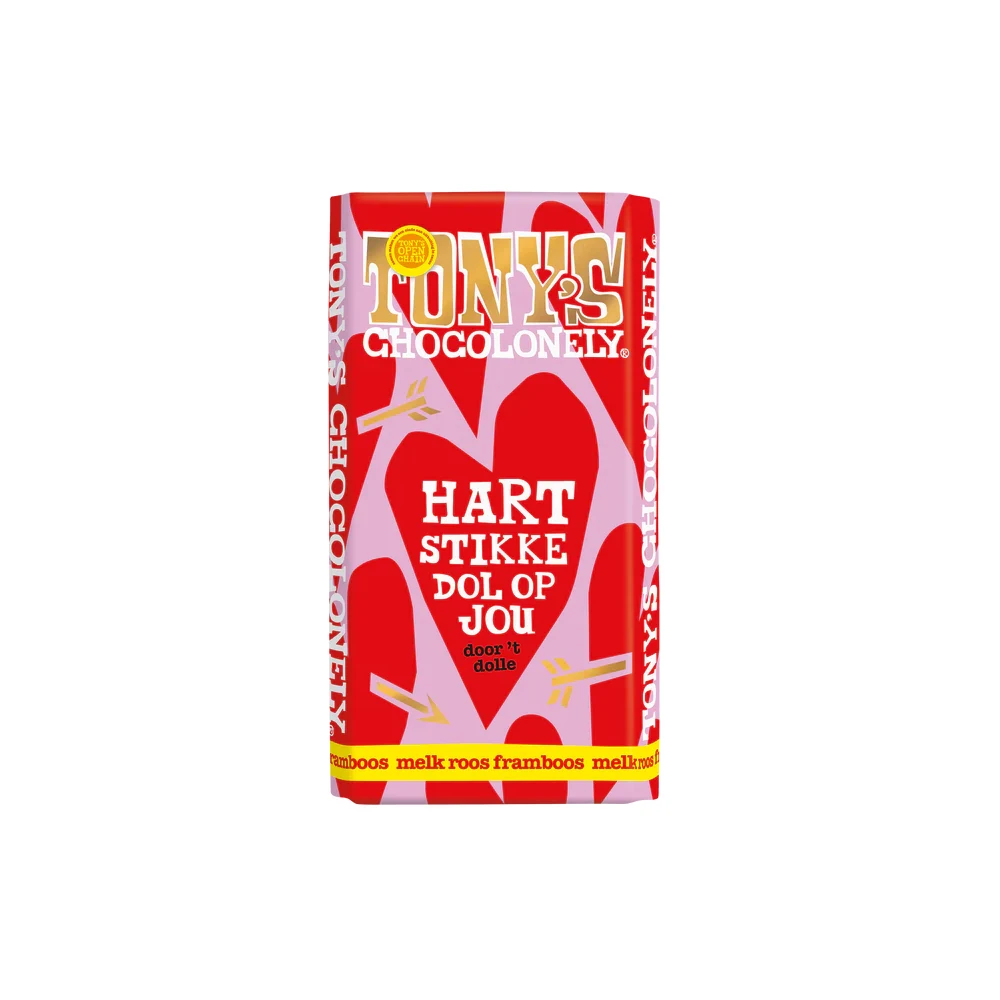 Tony Chocolonely hartstikke dol op jou reep - melk roos framboos