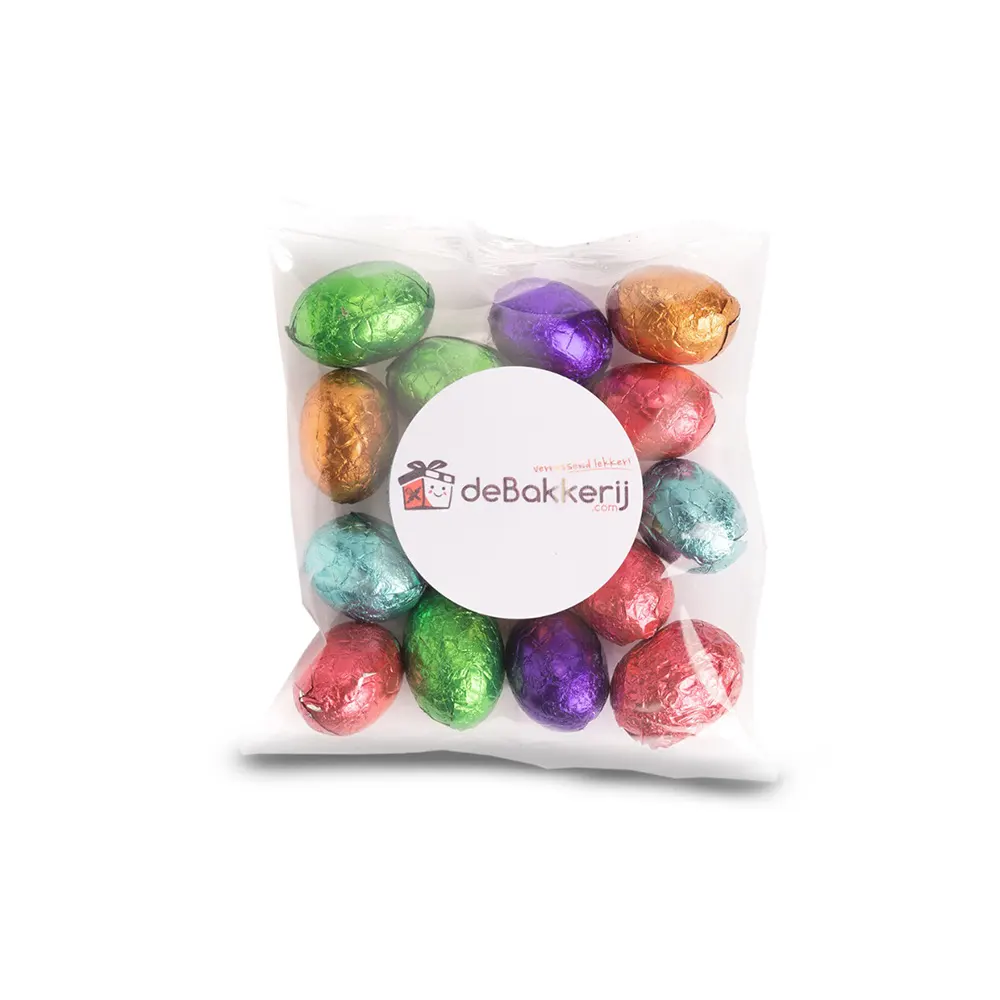 Uitdeelzakje paaseitjes mix met eigen logo (100 gram)