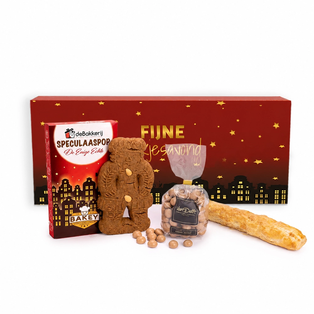 Van Delf pakket met kruidnoten, speculaaspop en banketstaaf verpakt in sint geschenkdoos