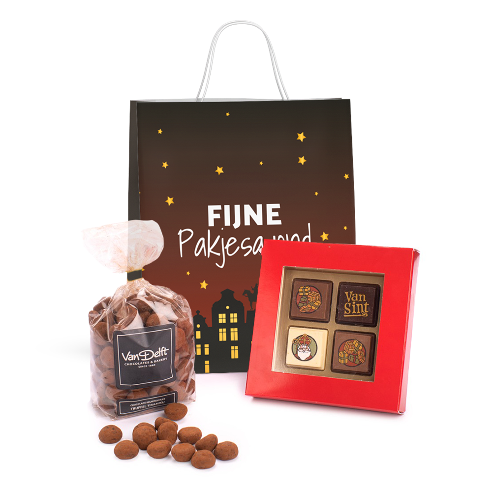 Van Delft pakket met kruidnoten en pralines (4 stuks) verpakt in Sint geschenktasje