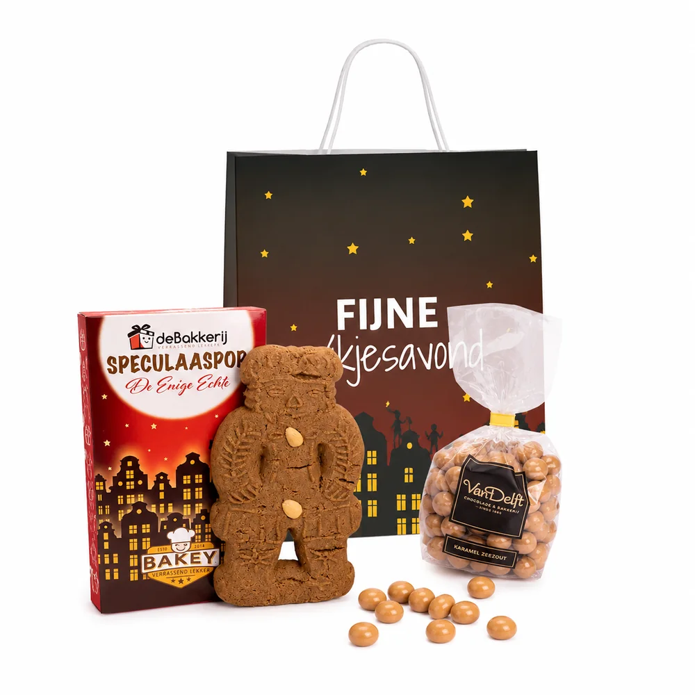 Van Delft pakket met kruidnoten en speculaaspop verpakt in sint geschenktasje